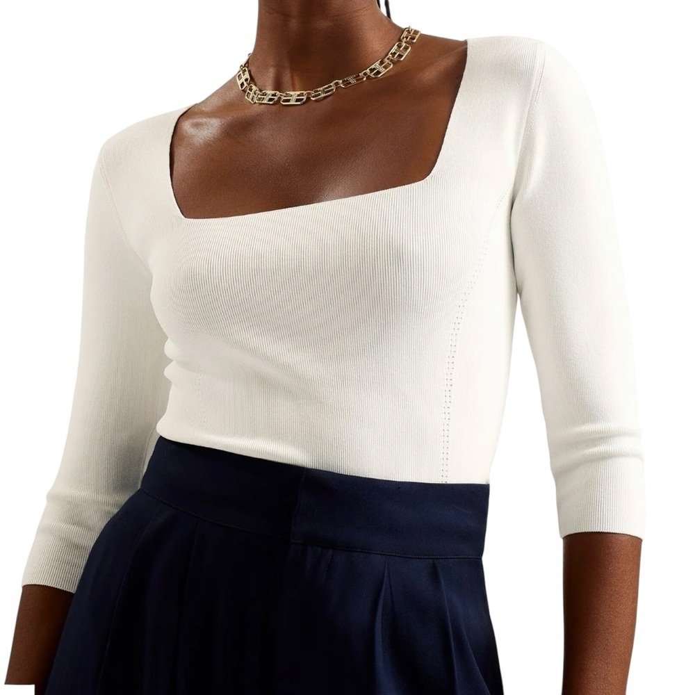 Ted Baker VALLRYY Ivory Ribbed Knit Square Neck Fitted Top Size 3 M US 8